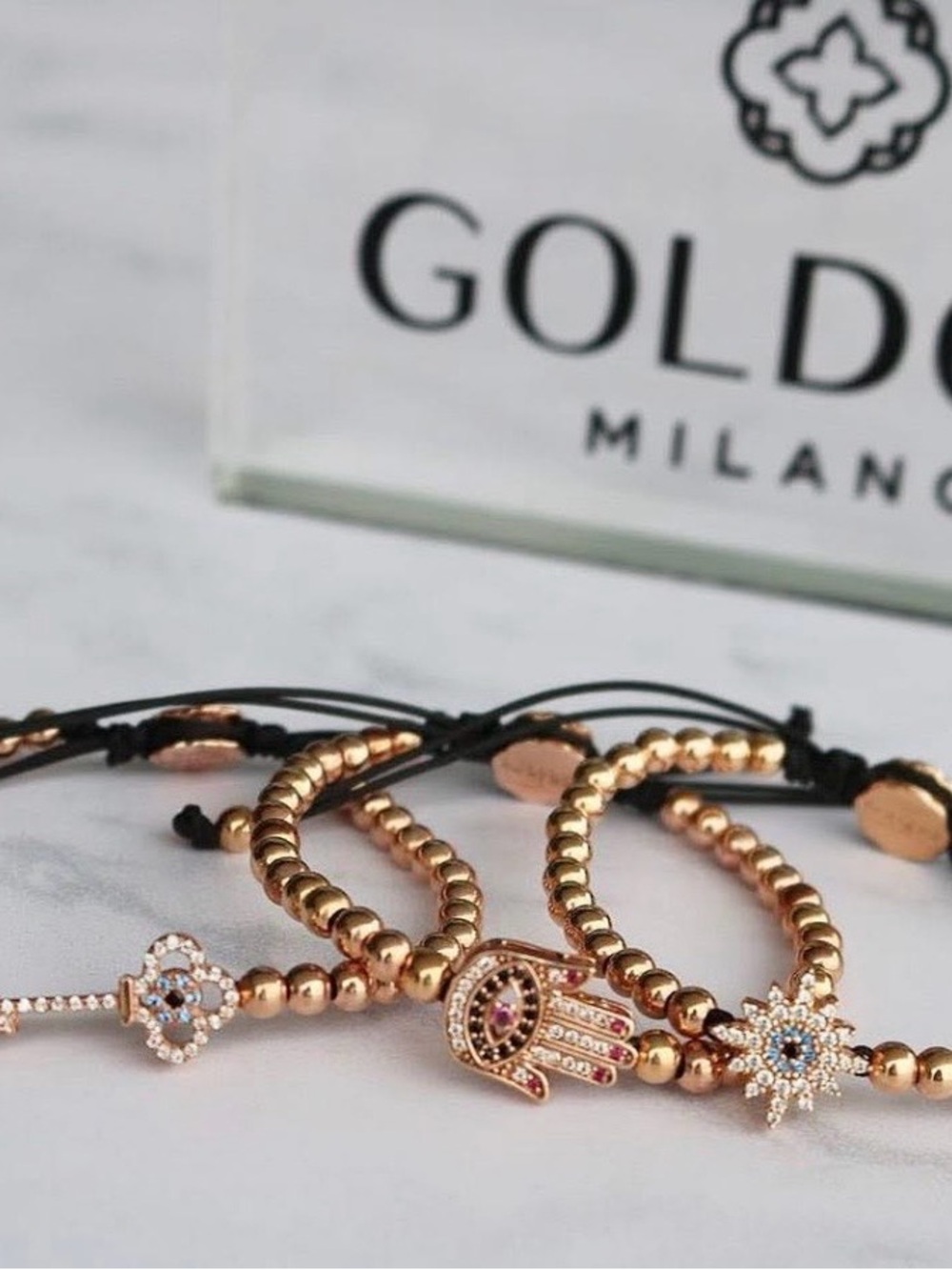 Goldtone Rose Gold Hamsa & Sparkle Bead Bracelet Set